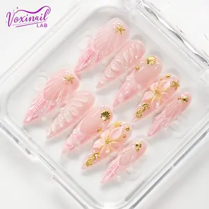 Voxinail Lab | Pearl Blossom Bay | Handmade Floral Stiletto Press-On Nails | Reusable, Long-Lasting