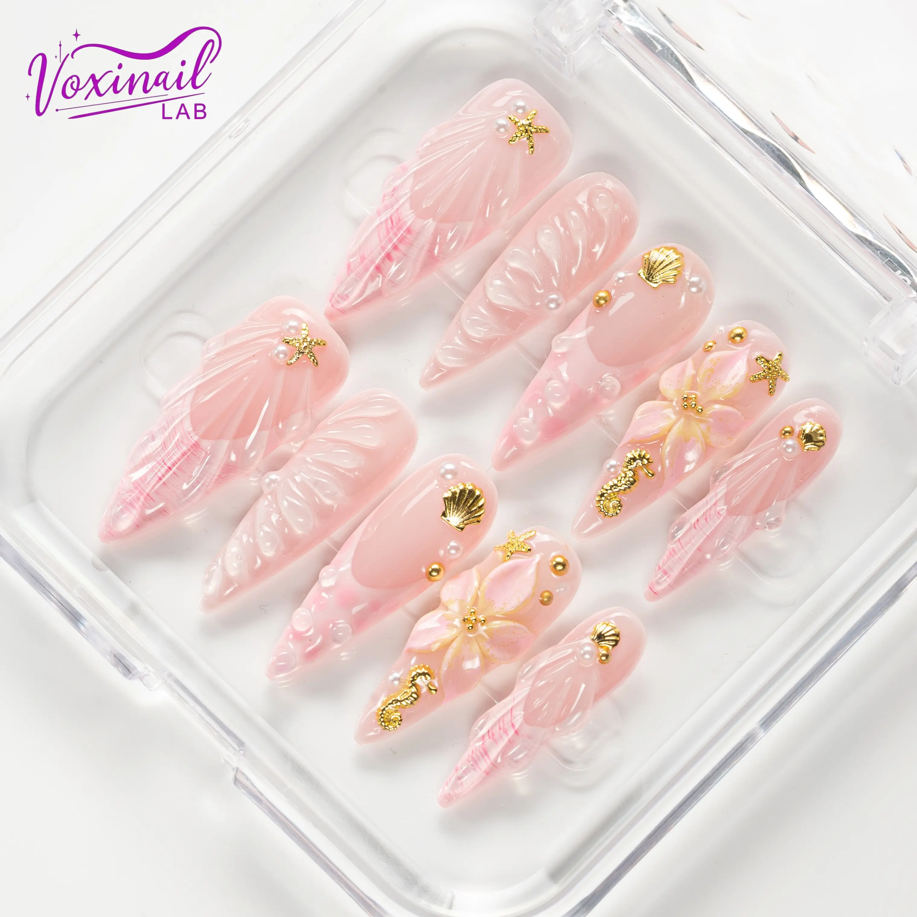 Voxinail Lab | Pearl Blossom Bay | Handmade Floral Stiletto Press-On Nails | Acrylic, Reusable, Long-Lasting