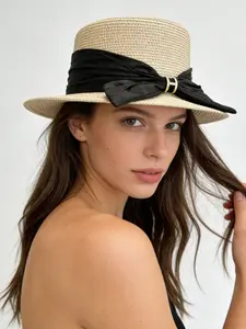 Women's Spring Summer Straw Hat with Large Bow Decoration, Plain Color Sun Hat, Woven Beach Hat, Multi-Functional UV Protection, Casual Outdoor Hat