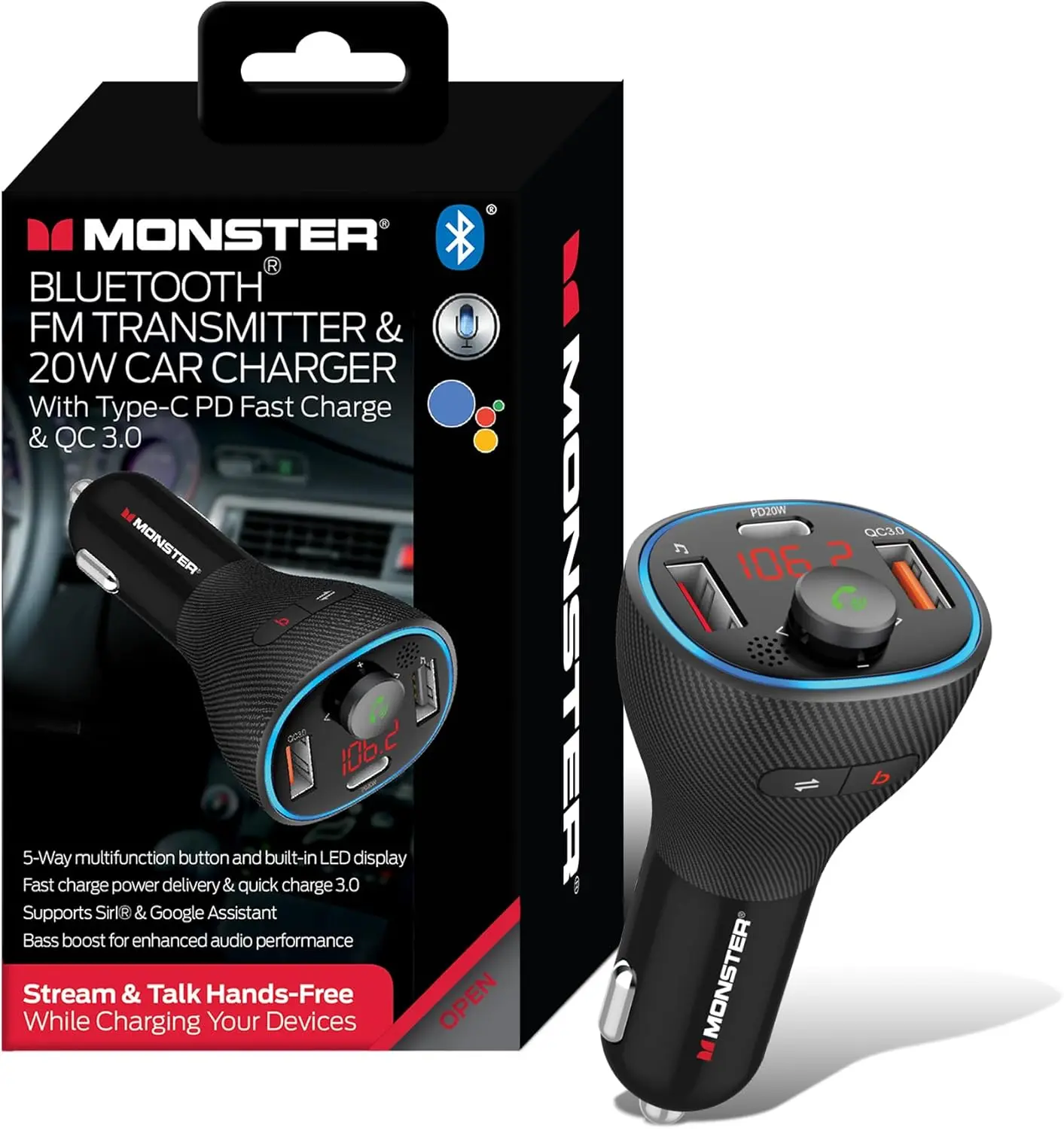 Monster Bluetooth FM Transmitter for Car Cigarette Lighter with W QC.USB A & USB C PD Charger, Bass Boost Button, Flash Drive Port, Google Voice & Siri Compatible, HandsFree Calls, Microphone