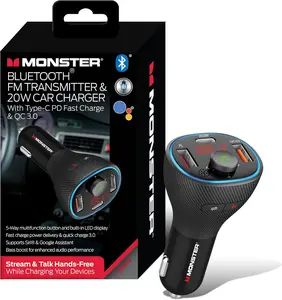 Monster Bluetooth FM Transmitter for Car Cigarette Lighter with W QC.USB A & USB C PD Charger, Bass Boost Button, Flash Drive Port, Google Voice & Siri Compatible, HandsFree Calls, Microphone