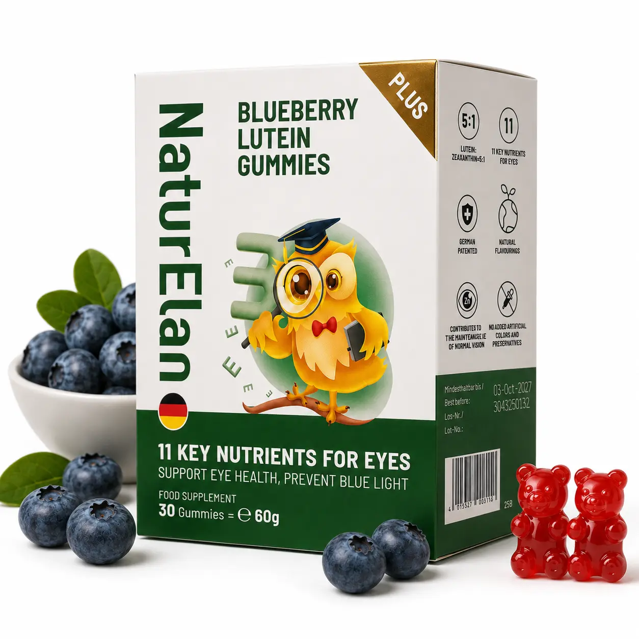 NaturElan Sugar-Free Chewable Eye Health Gummy Candy - Lutein, Blueberry Blend Vitamins & Minerals Supplement, Prop 65 Safe, Blue Light Protection for Screen Users, 30 Pieces