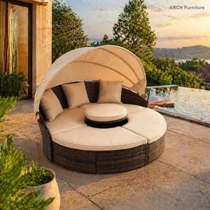 ARCH KD Rattan Round Bed - Bali-Style Outdoor Furniture Sofa with Wicker Frame, Clamshell Porch Furniture Set Including Lift Coffee Table and Canopy Outdoor Seating