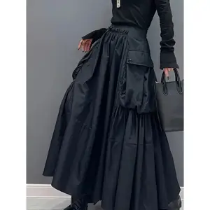 [Casual Skirt] Black High-Waisted A-Line Skirt with Pockets | Women's Loose Fit Long Length Casual Style for Spring/Summer - Durable Fabric