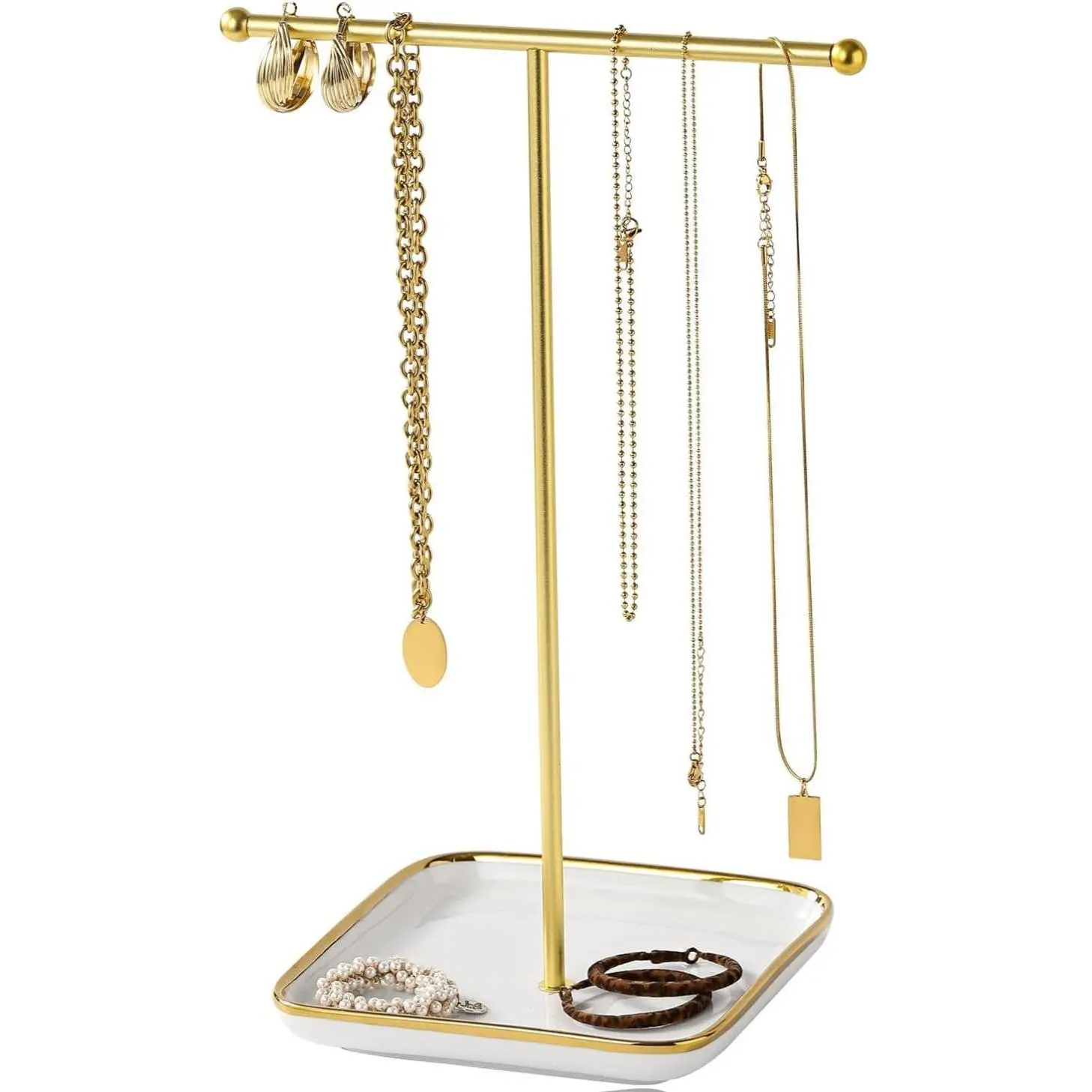 modern T-shaped jewelry rack, jewelry tower, gold metal, square ceramic base decoration display tower, necklace, bracelet, ring storage rack (1Tiers) Gift Organiser Plastic Accessory
