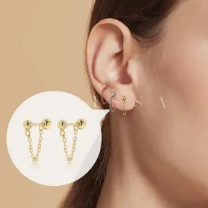 Minimalist Chain Screw Back Earrings, S925 Sterling Silver & Gold & Rose Gold Dainty Chain Link Dangle 20g Studs Cartilage Earrings Multi Piercings Stackable Hypoallergenic Comfort Sleep-On Minimalist Everyday Jewelry Gift for Her Women Christmas Birthday