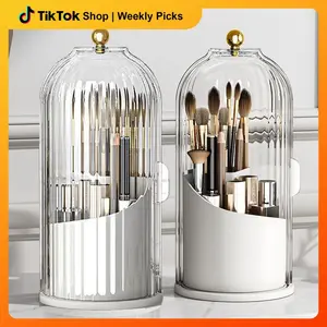 Vanity Makeup Brush Holder with Clear Sliding Lid, Dustproof Multi Compartment Cosmetic Storage Container, White & Gray Two Colors, Portable Travel Toiletry Organizer, Multi-Scene Universal Use, Easy Storage & Neat Arrangement, 360° Rotatable Base