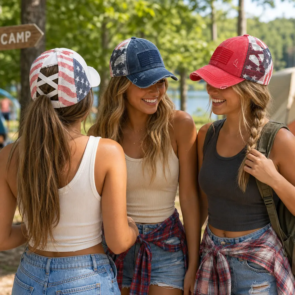 C.C Patriotic Adjustable Women’s Baseball Cap Cotton Brushed Embroidered Hat with Criss-Cross Elastic Band American Flag Mesh Back Durable Accessory Perfect for Summer, Outdoor, Beach