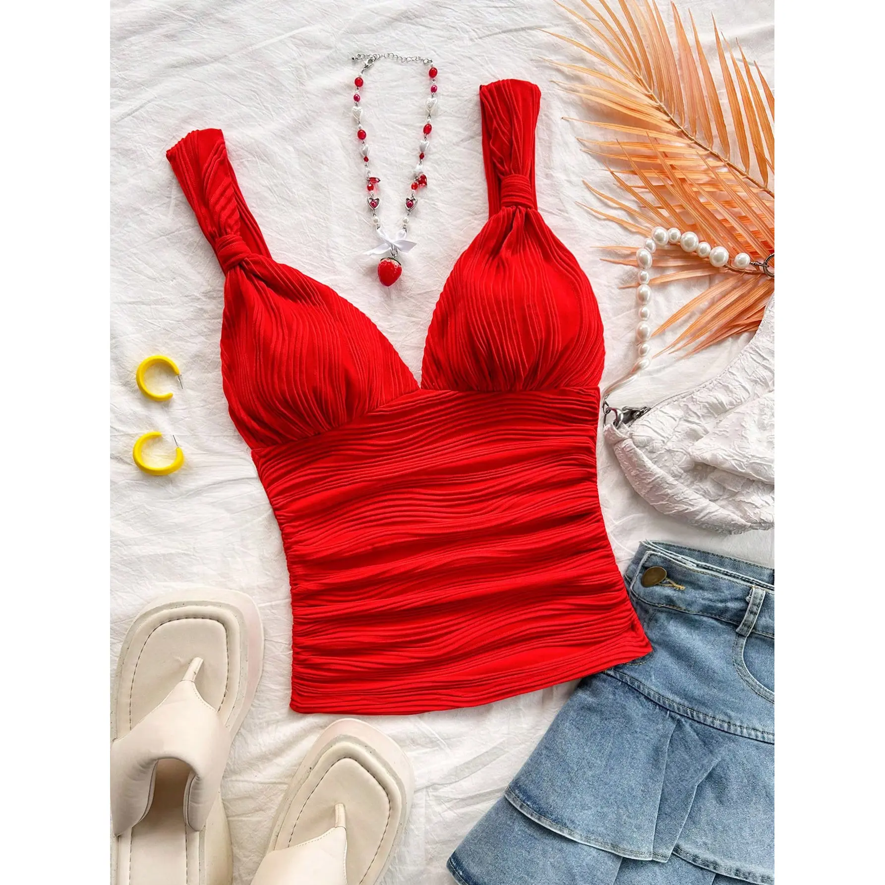 Casual Romantic Vacation Plain Color Twist Pleat Red Camisole Christmas Valentine's Day New Year