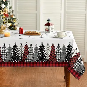 Christmas Tablecloth, Christmas Trees Buffalo Plaid Red Washable Table Cover for Party Picnic Dinner Decor