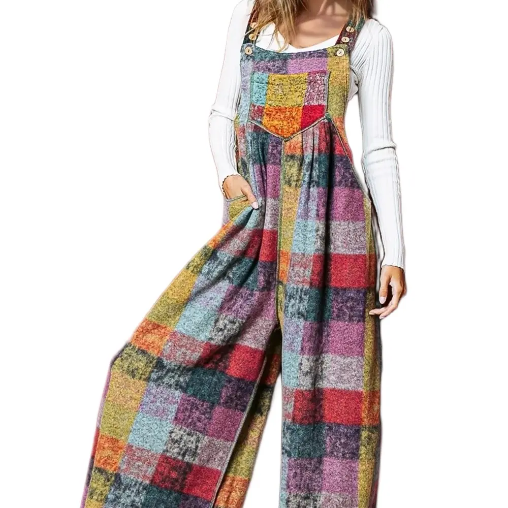 Plaid Wide Leg Jumpsuit for Women - Fashionable and Comfortable - Overalls, Womenswear