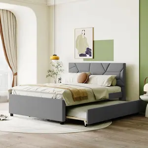 Full Size Upholstered Platform Bed Frame with Brick Pattern Headboard and Twin Size Trundle, Linen Fabric