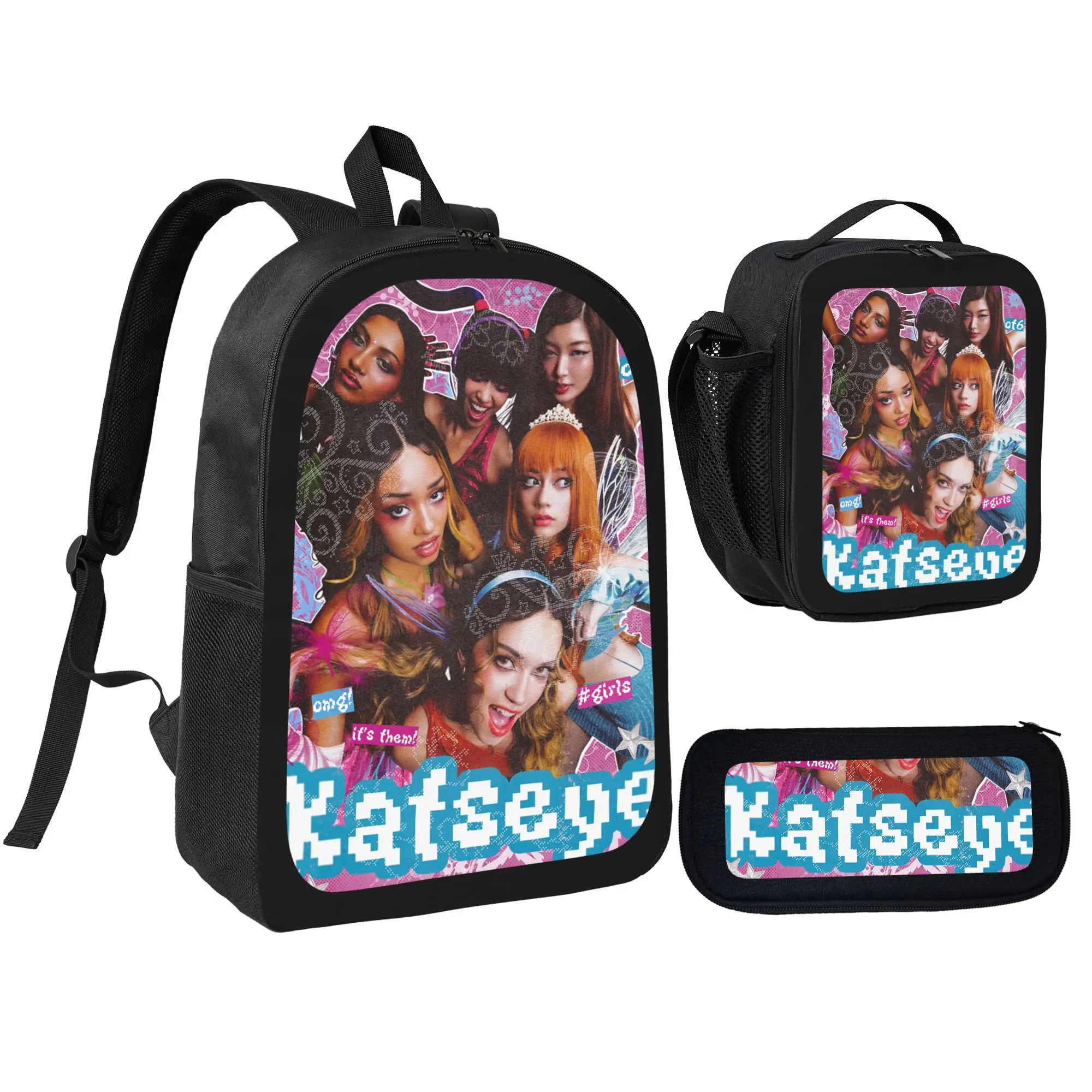 3 in 1 Katseye Girl Group Themed School Supplies Set, Fashion Printed Backpack with Insulated Lunch Pouch and Stationery Bag, Durable Oxford Daypack for Teen Girls Pop Music Lovers