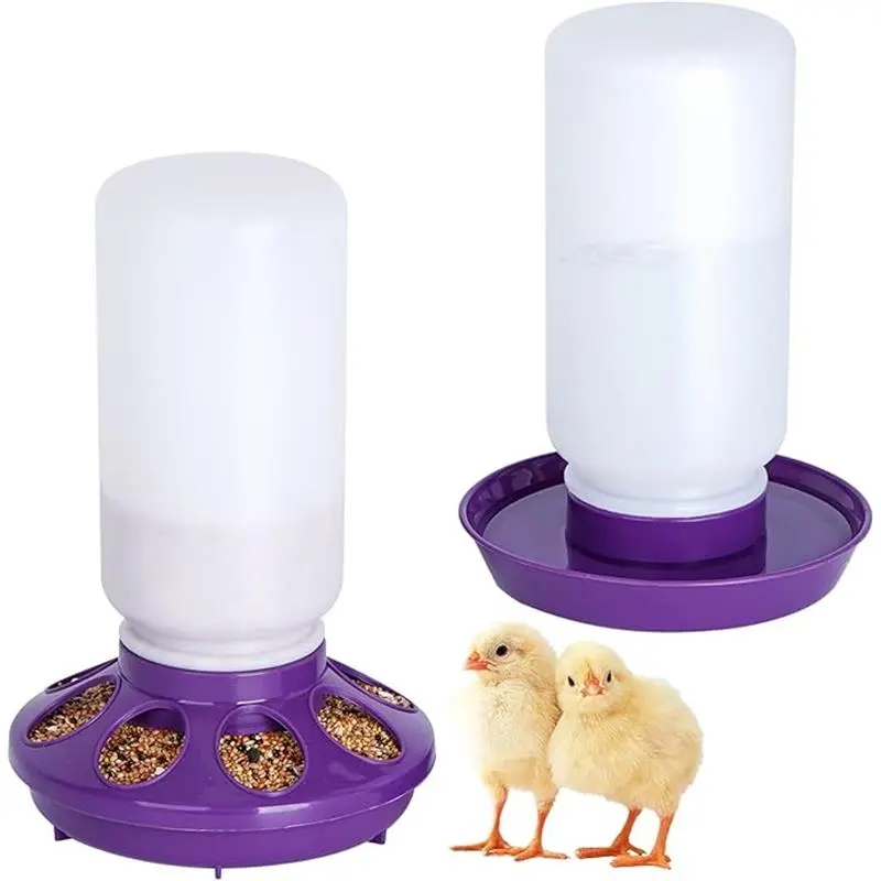 Chicken Feeder and Waterer Set - No Waste Chick Starter Kit With 1L Water Feeder for Poultry and Baby Chicks (Purple)
