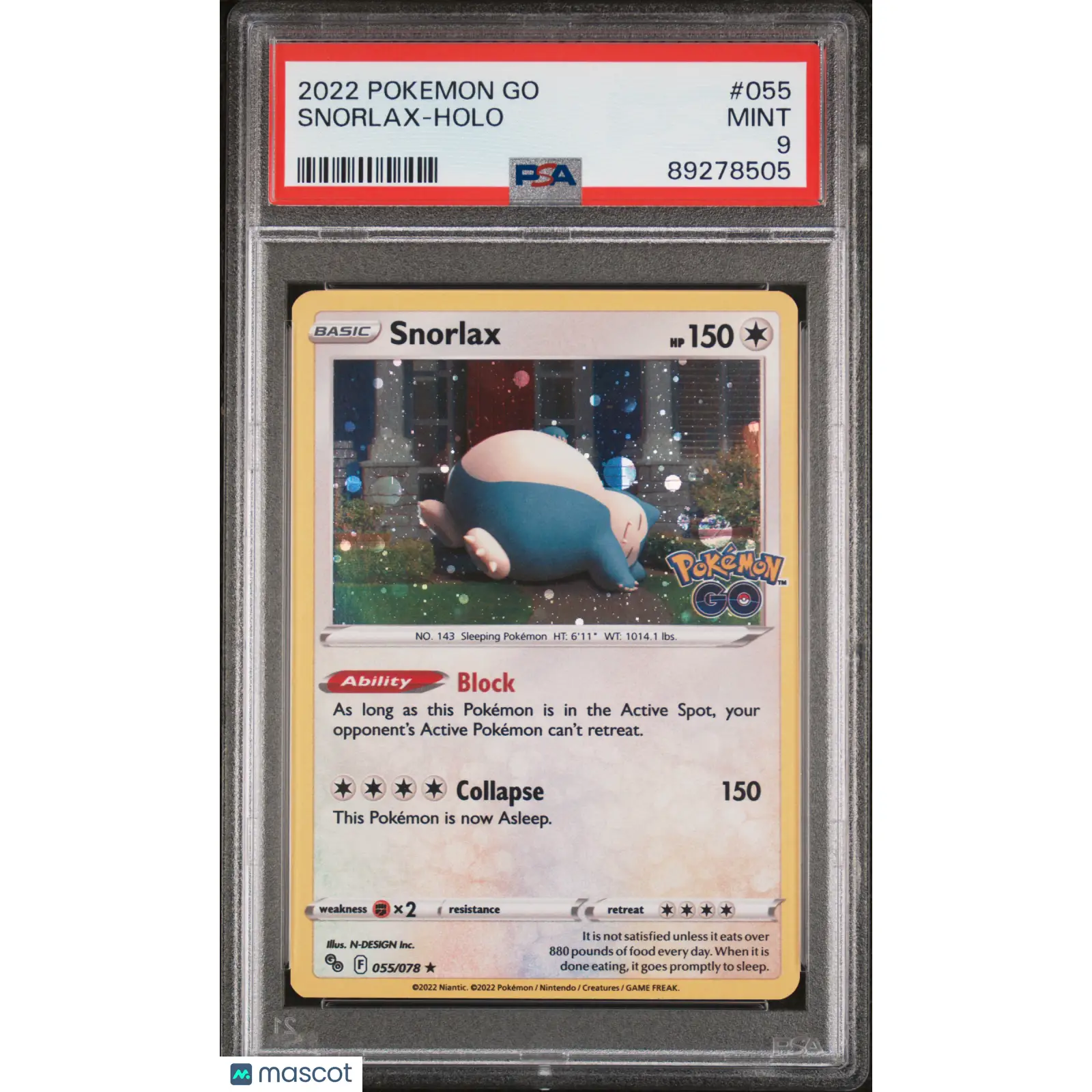 PSA 2022 Pokémon GO TCG Snorlax Holo #055 9 Graded Card