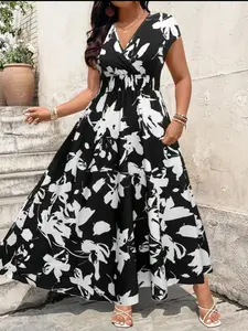 Elegant Plus Size Fluffy Long Dress, Summer Fashion for Women, Casual, Comfortable and Stylish, Vacation Style, Large Size, Trendy Design, Short, Black And White Flowers