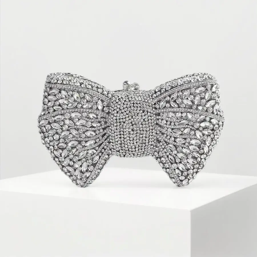 Women's Chic Silver Gemstone Rhinestone Clutch Bag - Luxury Sparkly Look Bow Evening Purse for Wedding, Party Wear