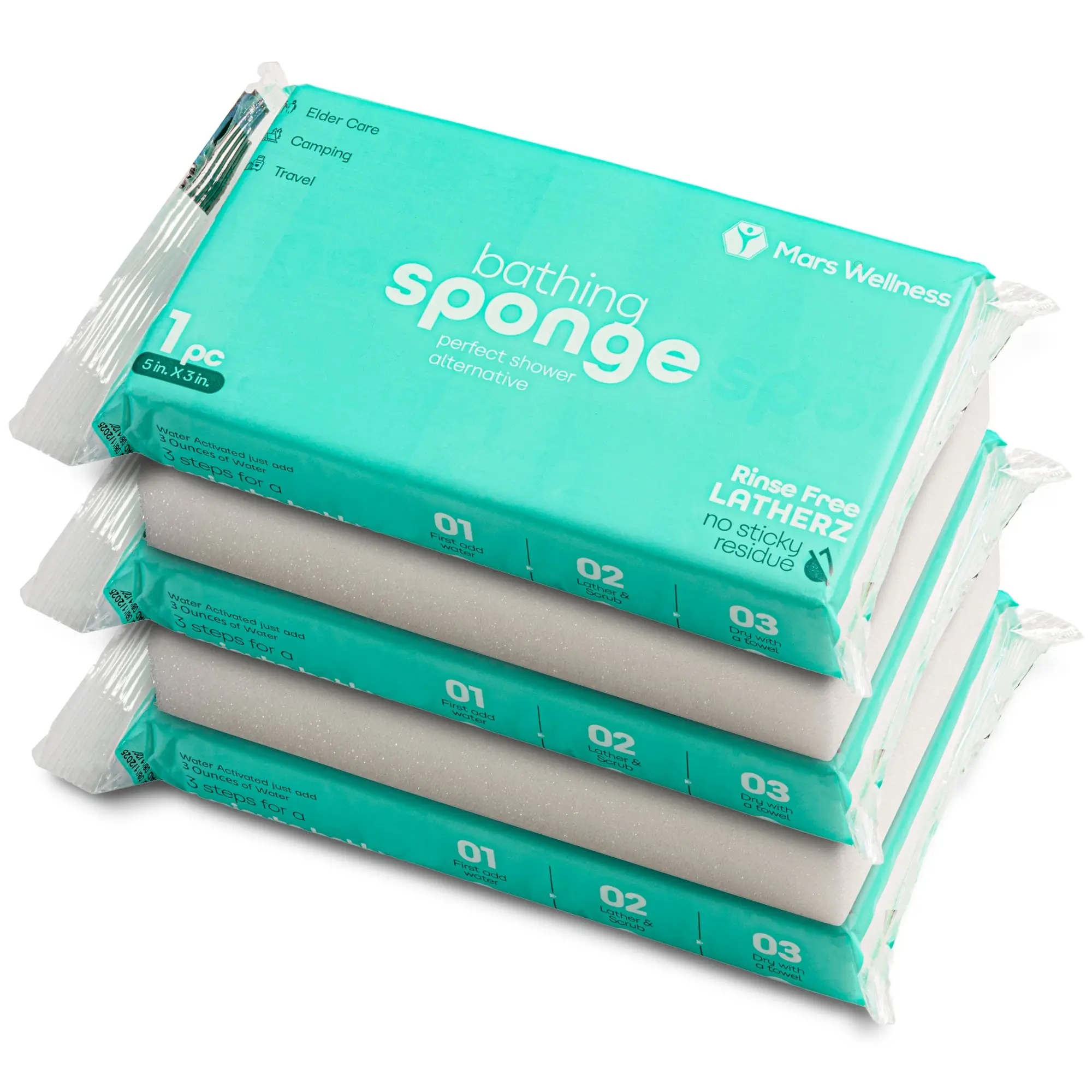 Latherz No Rinse Sponges - 5 Pack - Just Add Water - Shower Cleansing Soft Sponge - Soft on Skin for Sensitive Skin - Soap Infused Dry Shower