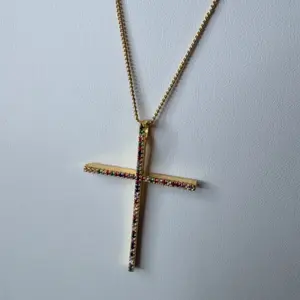 Isa Cross Necklace with Multi-Color Gemstones and Gold-Tone Chain for Elegant Everyday Wear