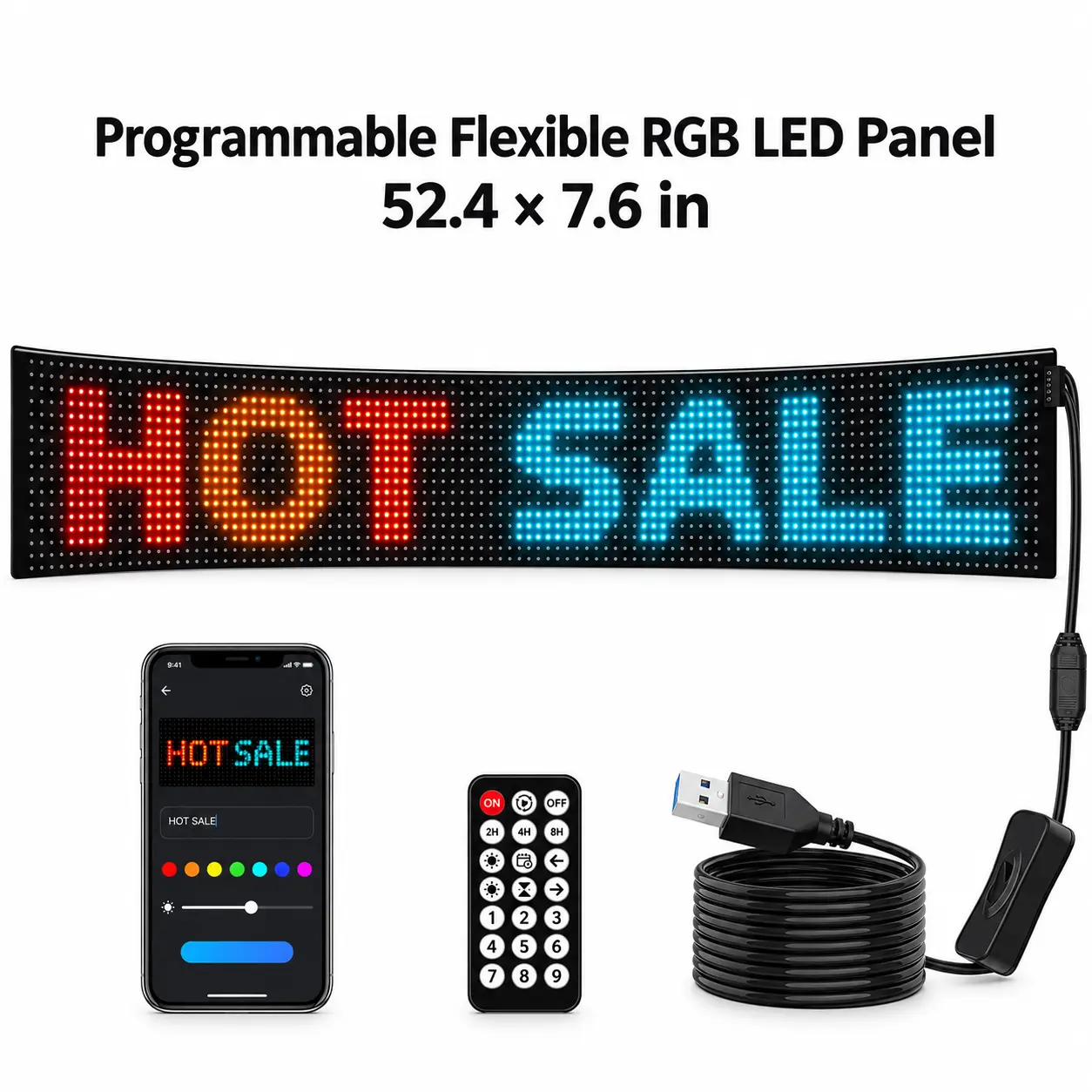 52.4-Inch Programmable Flexible LED Sign, 2304 RGB Scrolling Display with App & 2.4G Remote Control, Custom Text, Images & Music Modes, IP65 Waterproof DC 5V Sign for Shop, Car & Live Streaming
