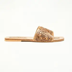 Myra Cactus Lace Handtooled Leather Sandals in Charred Brown