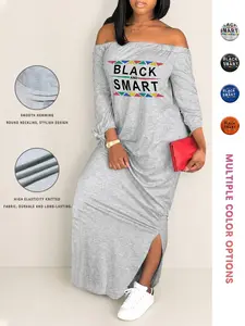 Women's Jersey Letter Print Off Shoulder Split Hem Dress, Casual Trendy Boho Fashion Fitted Long Sleeve Knot Detail Long Dress for Daily Outdoor Wear, Summer Outfits, Dresses for Women, T Shirt Dresses for Women, Womenswear