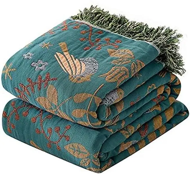 STASOPTK 100% Cotton Soft Boho Throw Blanket - King Size Birds & Flowers Printed Rustic Quilt, All-Season for Bed & Couch, Whimsical Home Decor & Farmhouse House Decor