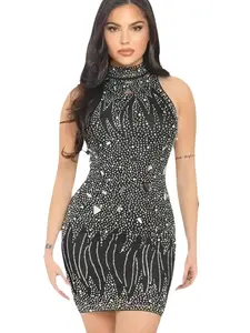 VESTIDO AJUSTADO ADORNADO WITH CRISTALS AND ESPEJOS CORTADOS - Black Bodycon Dress with Crystal and Mirror Cut Decorations
