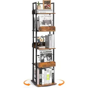 Rotating Bookshelf, 360 Display Spinning Bookshelf Tower, 5-Tier Narrow Bookcase, Tall Industrial Book Shelf Organizer, Small Corner Book Shelves for Living Room, Black