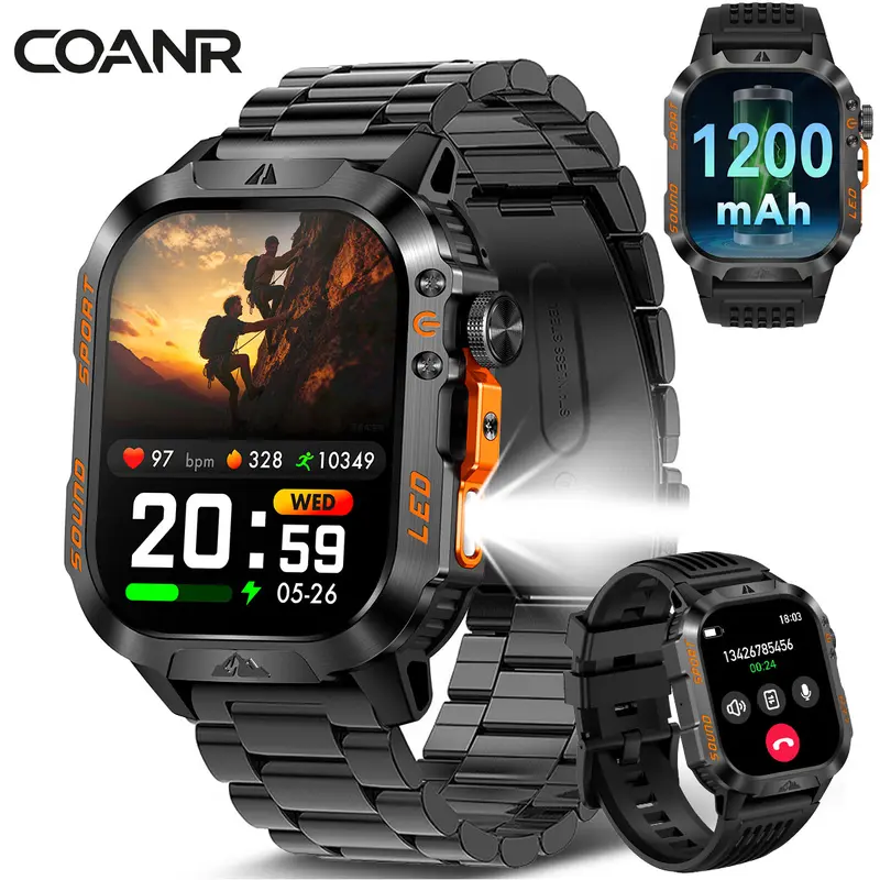 COANR Active 3 PRO Rugged Fitness Tracker Watch - 1200mAh Military Smart Device, 2.01in Large Screen, 21 Days Battery, Wireless/Bluetooth Call, Smartphone Sync, LED Flashlight, IP68 Waterproof, 100+ Sports Modes, Recording, for iPhone/Android Wearable