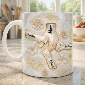 Holding Hands Family Personalized Mug, Custom Names Gift for Mom, Inflated Effect Coffee Cup, Mother's Day Gift, Family Keepsake Mug, 2D Printed 3D Effect, gift for her, gift for him, gift for mom, gift for dad, gift for friend, birthday gift mug.