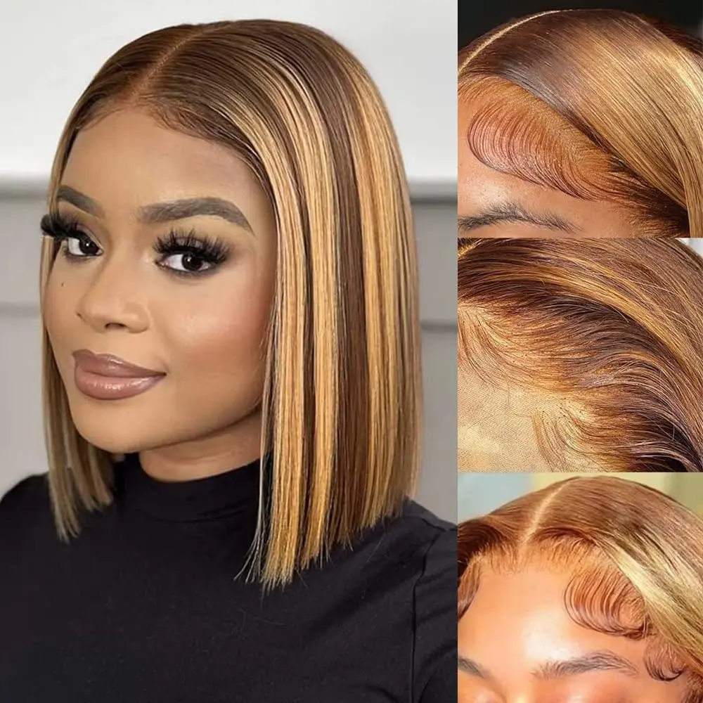 GK Highlight Bob Wig Human Hair 4/27 Honey Blonde 13x4 Lace Front Wigs Human Hair Pre Plucked with Baby Hair 180% Density Glueless Ombre Colored Straight Short Bob Wigs for Women 12 Inch