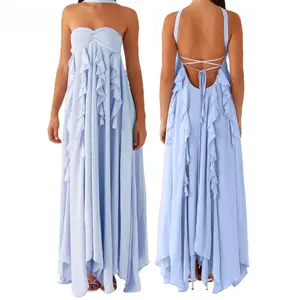 Womens Y2k Tube Strapless Pleated Maxi Dress with Scarf  Silk  Formal Cocktail Ruffle Flowy Dresses
