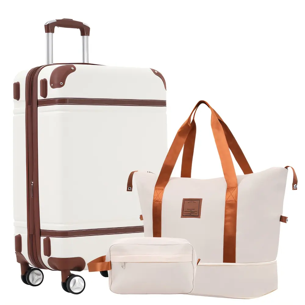 White 24-in Vintage Checked Hardshell Luggage - Lightweight, Double Spinner Wheels, TSA Lock (Single Piece with Matching Bags Set)