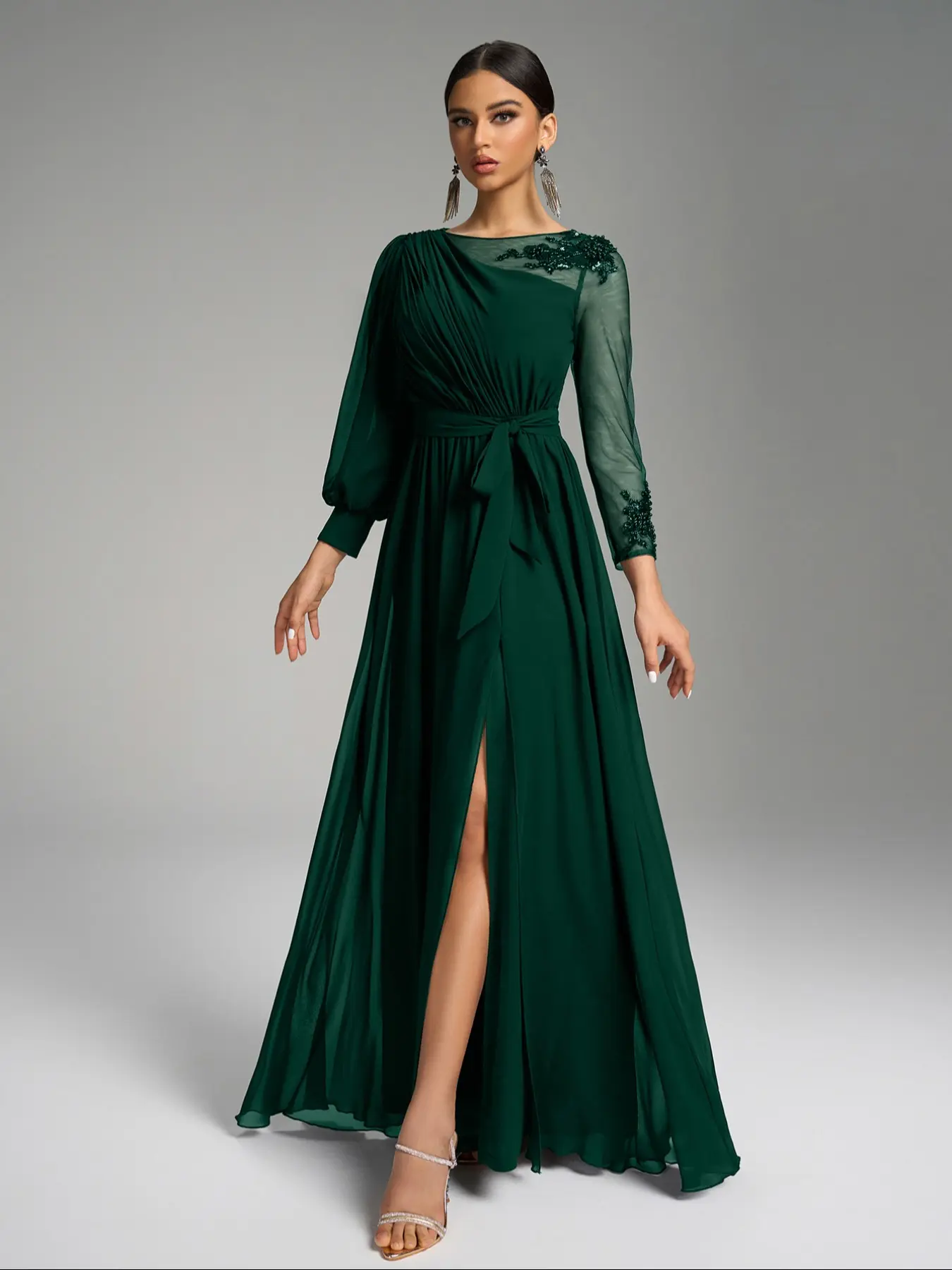 Women's Evening Dress Womenswear Fitted with Round Neck and Irregular Lantern Long Sleeves, Chic Elegant Waist Tie and Sequin Detailing for Glamorous Formal Occasions