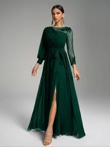 Women's Evening Dress Fitted with Round Neck and Irregular Lantern Long Sleeves, Chic Waist Tie and Sequin Detailing for Glamorous Formal Occasions