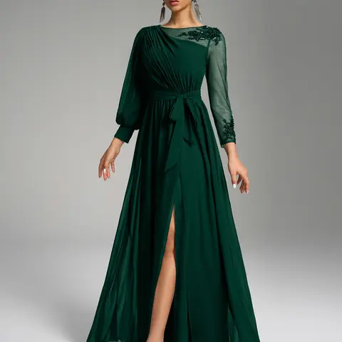 Women's Evening Dress Maxi Evening Gown Womenswear Fitted with Round Neck and Irregular Lantern Long Sleeves, Chic Elegant Waist Tie and Sequin Detailing for Glamorous Formal Occasions