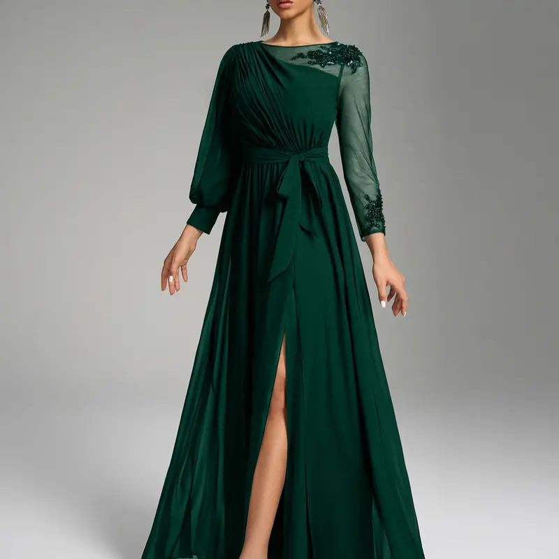 Women's Evening Dress Maxi Evening Gown Womenswear Fitted with Round Neck and Irregular Lantern Long Sleeves, Chic Elegant Waist Tie and Sequin Detailing for Glamorous Formal Occasions