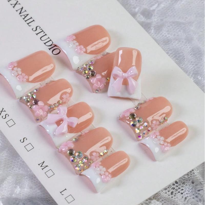 10pcs Y2K Pink And White French Press On Nails, Handmade Floral Short Duckbill Fake Nails, Stylish Acrylic Nails, Pink Bow Design, Pink And White Small Flower Decoration, Rhinestone Embellishment Nail Art, Suitable For Daily, Work, And Holiday Wear
