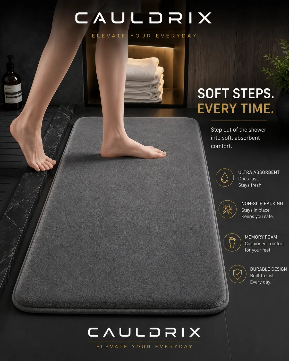 Cauldrix™ CloudStep Memory Foam Bath Mat – Quick-Dry & Non-Slip Bathroom Rug