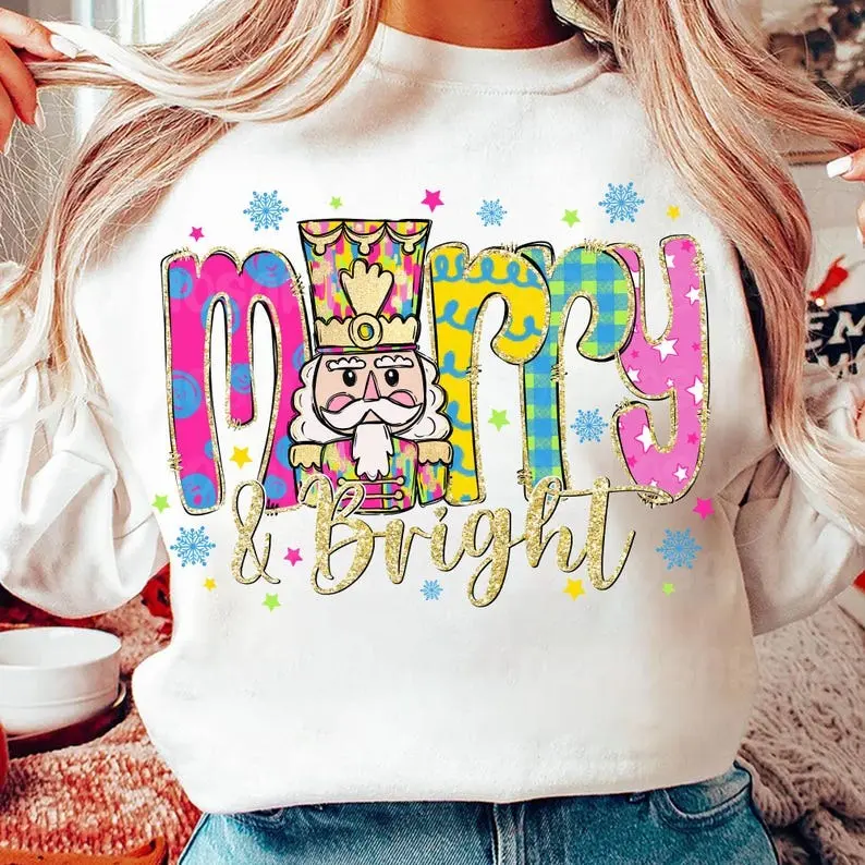 Colorful Glitter Merry and Bright Sweatshirt, Coquette Christmas Bow Sweatshirt, Nutcracker Christmas Sweatshirt, Brushstroke Holiday Sweatshirt, Cute Merry Christmas Pullover for Women