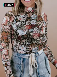 Hotapei Spring Autumn Casual Polyester Floral Slim Fit High Neck Long Sleeve Pullover Top, Women's Fashion Knitwear for Daily Wear