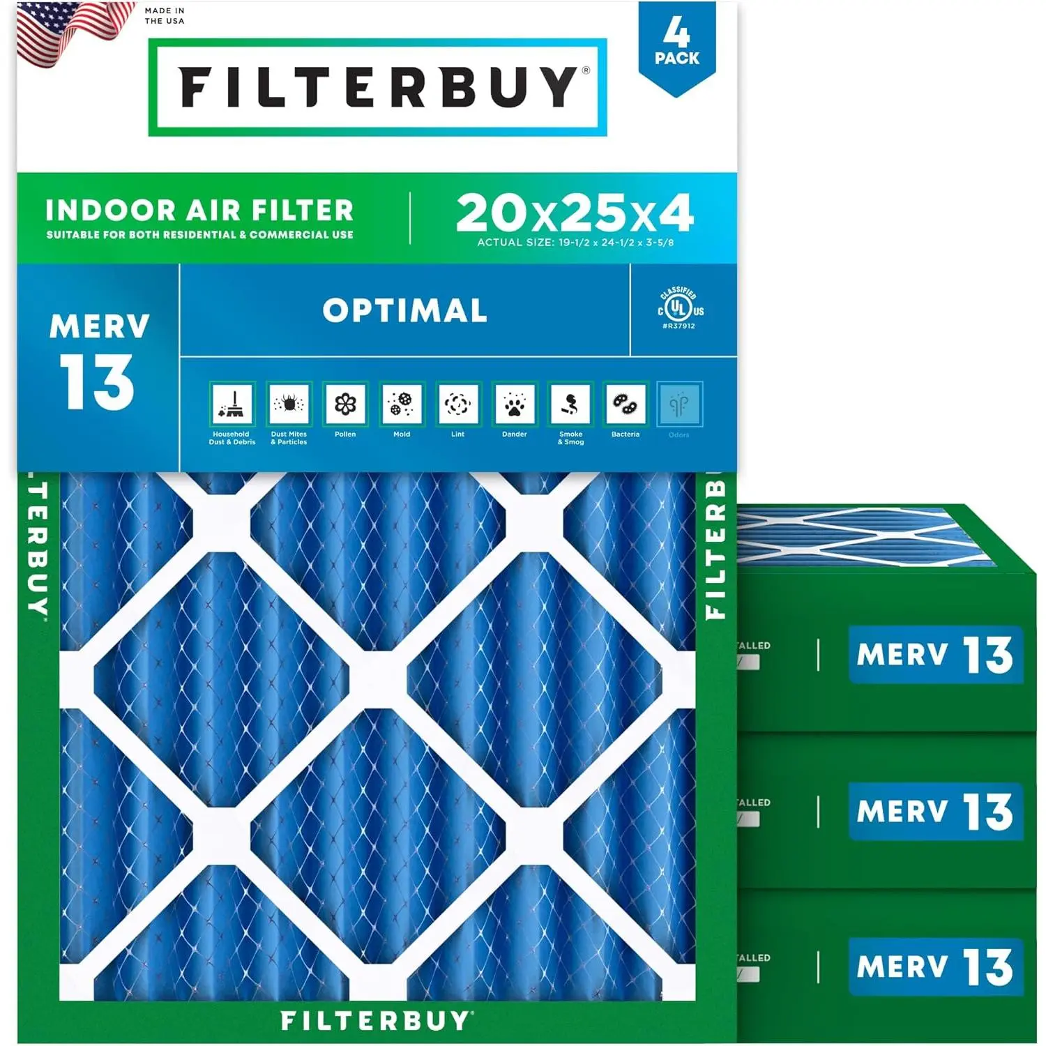 Filterbuy New 20x25x4 Air Filter (4-Pack) - Pleated MERV 13 Optimal Defense Eco-Friendly Electrostatically Charged HVAC AC Furnace Filter, Actual Size 19.50x24.50x3.63 In, Endures 200°F Temp, Withstands Moisture