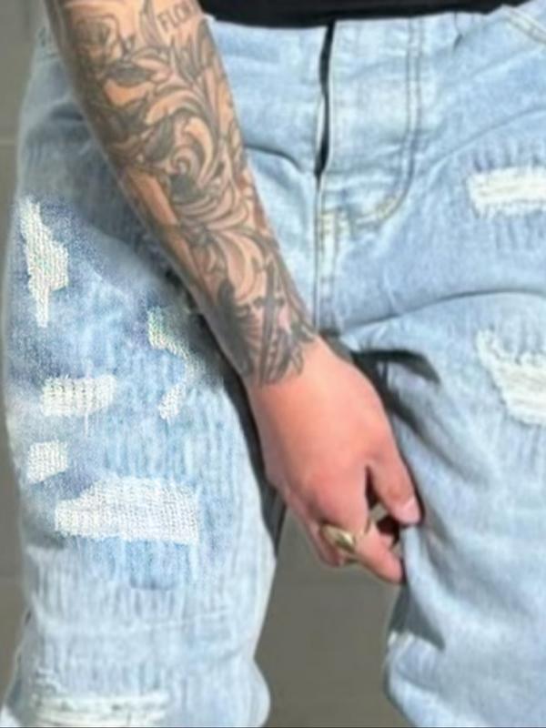 Men's Y2K Korean Style Hip-Hop High Street Ripped Washed Denim Jeans, Loose Casual Trendy Wide Leg Long Pants with Pockets