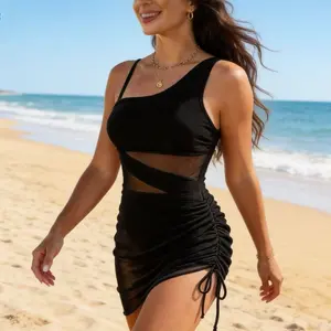 TRESCA Women Sexy One Piece Swim Dress Tummy Control Swimsuits One Shoulder Mesh Bathing Suit Skirts