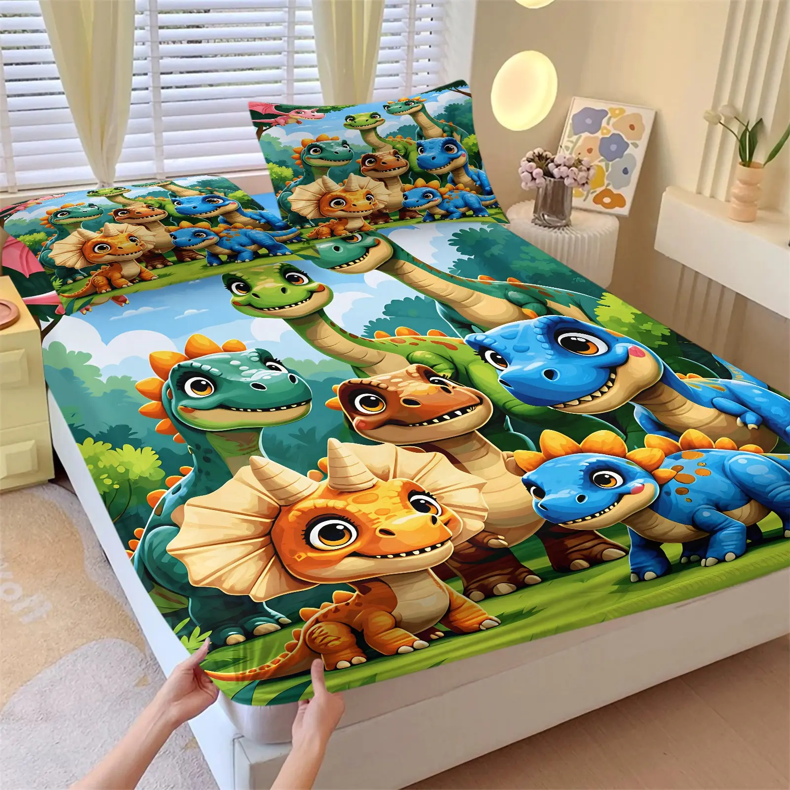 Colorful Dinosaur Fitted Sheet Set, Include One Bedspread and Two Pillowcases, T-Rex Triceratops Brachiosaurus Print Mattress Cover, Stylish Toddler Bedroom Bedding Decor