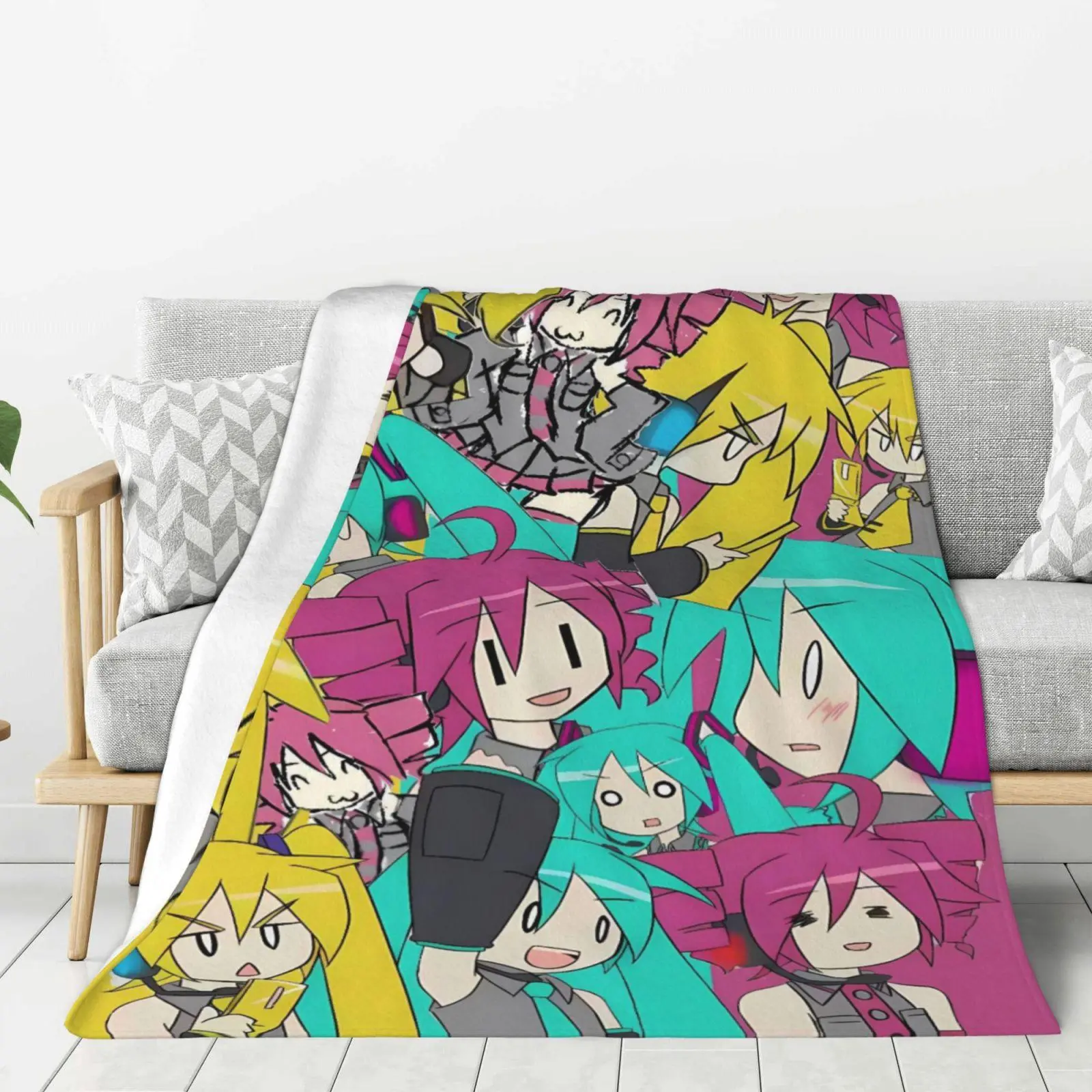 Anime Vocaloid Theme Hatsune Miku Chibi Collage Blanket - Ultra Soft, Lightweight, Warm Camping Sleeping Gear for Couch, Travel