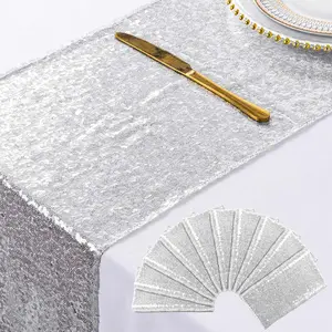 【Party Decoration】Silver Sequin Table Runner  6/10 Pack 12" x 108" Glitter Fabric Linens for  for Baby Shower Bridal Shower Thanksgiving Christmas Decoration Birthday Wedding Banquet, Holiday Party