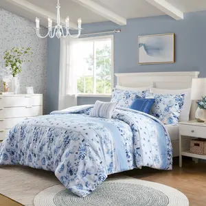 360 Stand Christa Floral Striped Comforter Set - Full & Queen Size, 90x90x1 in, Blue, Intelligent Design ID10-2327, Bedroom & Decorative Bedding Set, Bedroom Bedding Set
