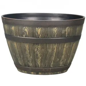 with Weather Resistant Material，20" x 20" x 13" Round Brown Resin Whiskey Barrel Plant Planter